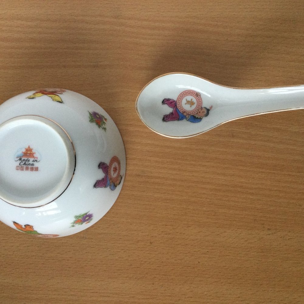 Vintage Chinese Jingdezhen porcelain rice bowl and a spoon